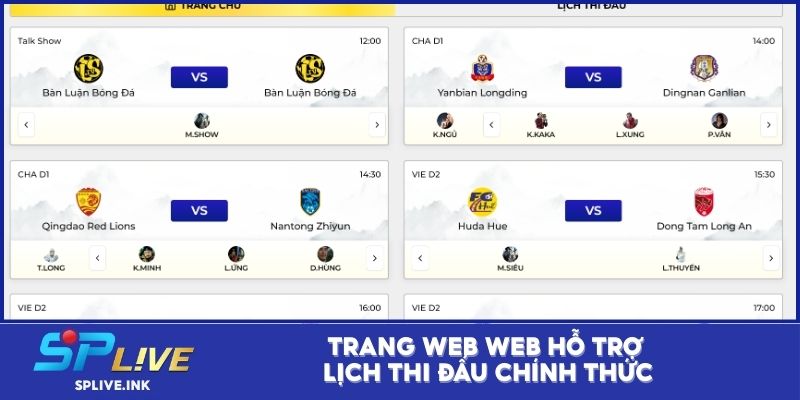 Trang web hỗ trợ lịch thi đấu chính thức